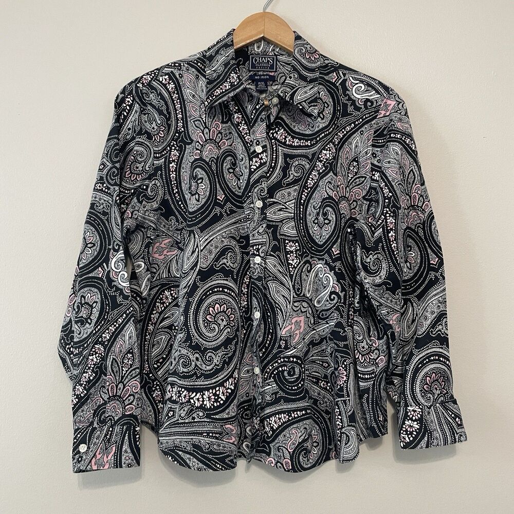 Chaps Womens No Iron Button Up Top XL Petite Black Pink Paisley Artsy Office